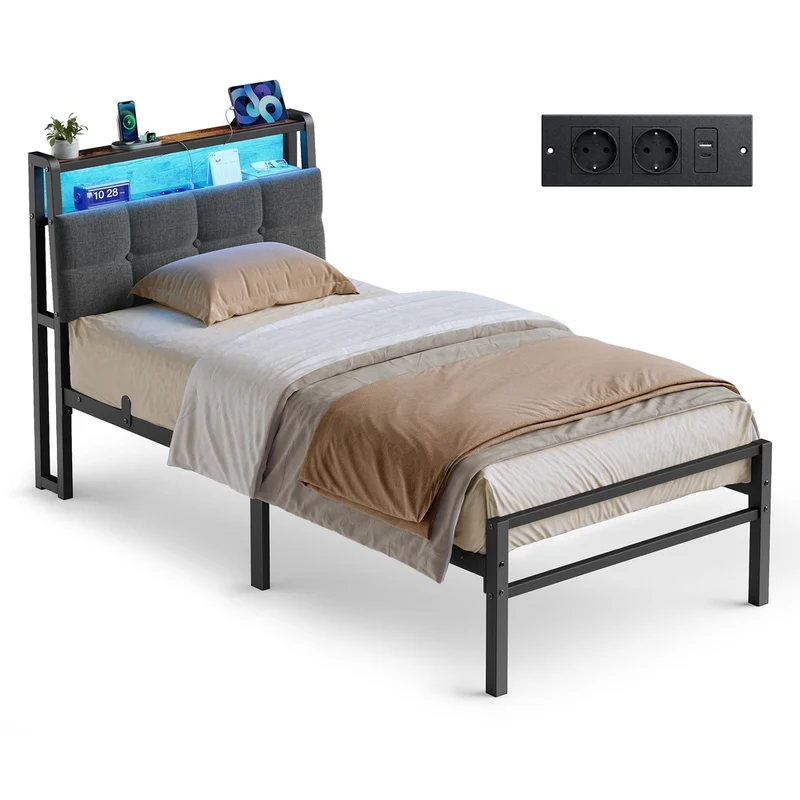 Estructura de Cama de Metal con Cabecero Tapizado