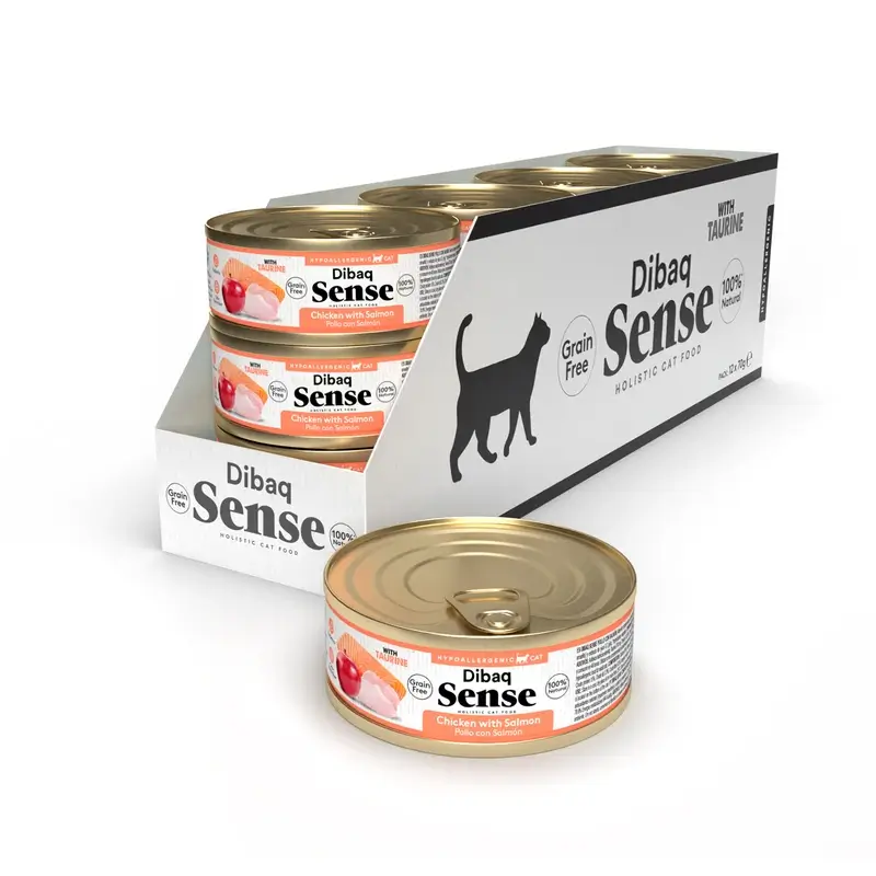 Dibaq Sense Comida Húmeda Gatos Pollo Con Salmón, 12 x 70 gr