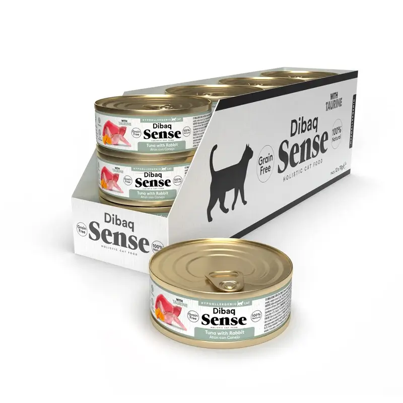 Dibaq Sense Comida Húmeda Gatos Atún Con Conejo, 12 x 70 gr