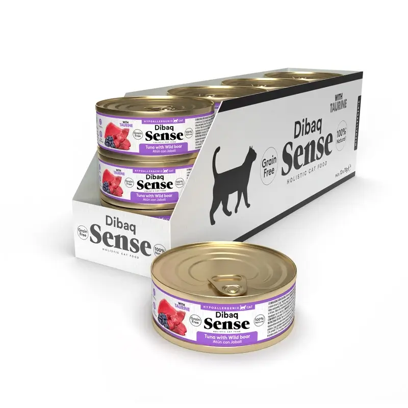 Dibaq Sense Comida Húmeda Gatos Atún Con Jabalí, 12 x 70 gr