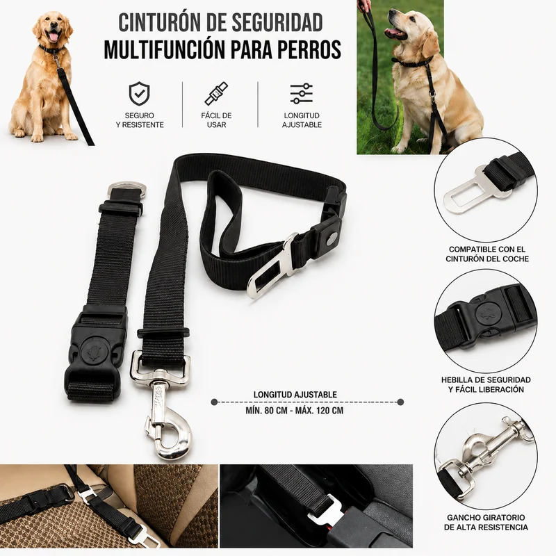 Correa Multifunción para Perros con Cinturón de Seguridad para Coche. Negro
