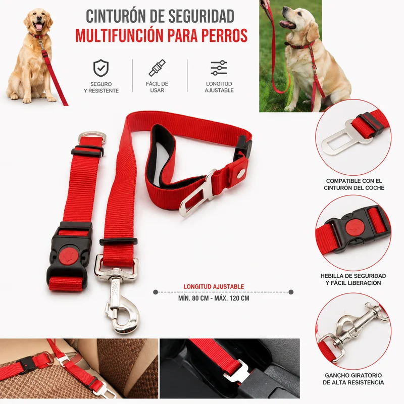 Correa Multifunción para Perros con Cinturón de Seguridad para Coche. Rojo