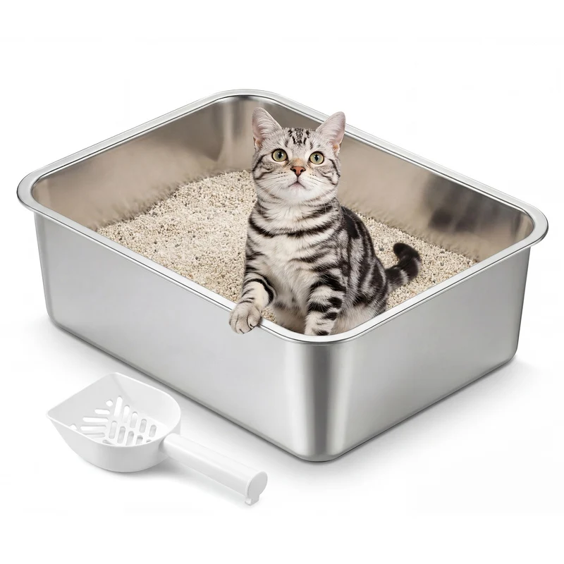 Bandeja sanitaria para gatos de acero inoxidable con pala