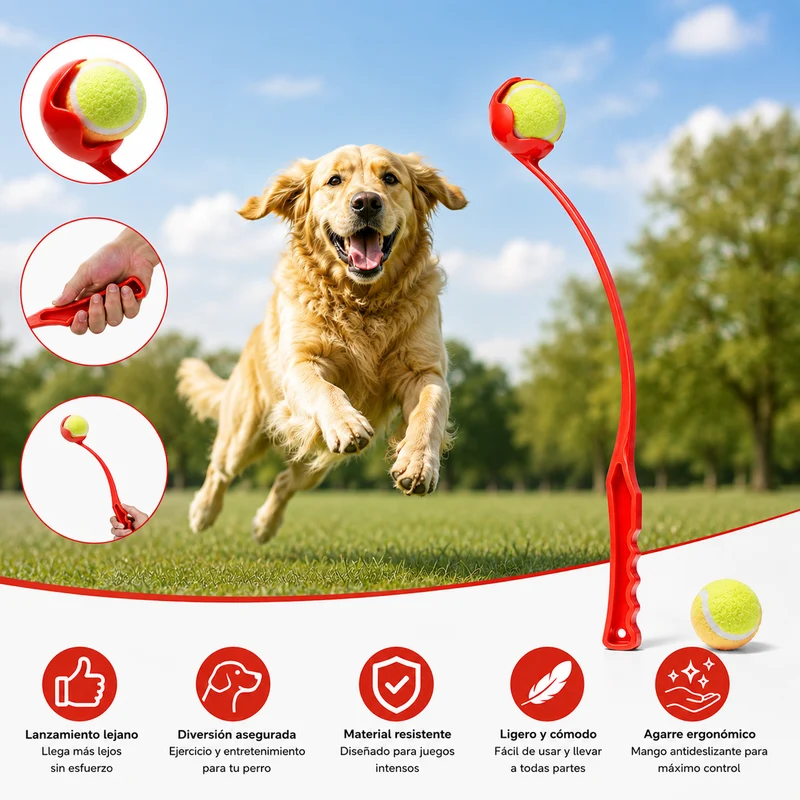 Lanzador de Pelotas para Perros con Pelota- Rojo. 35 cm