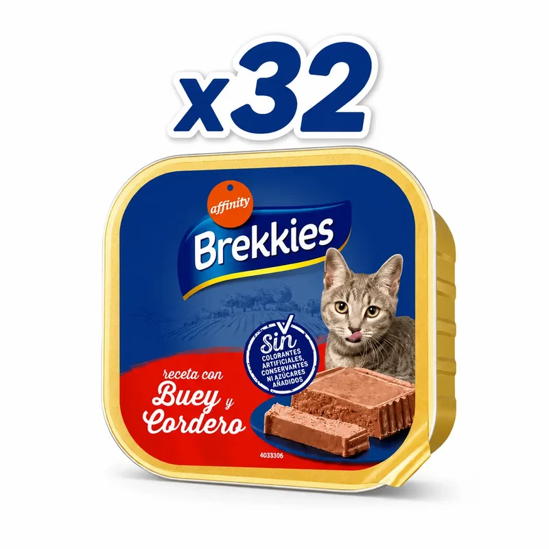 Brekkies Tarrina Gato Buey y Cordero, 100 gr, pack 32