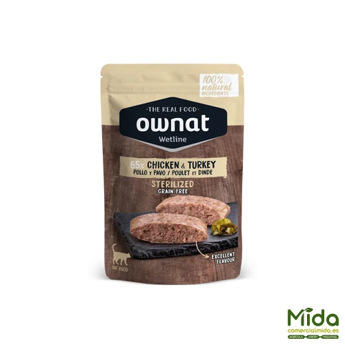 Alimento Húmedo OWNAT Wetline Pouch Sterilized Chicken & Turkey para Gatos