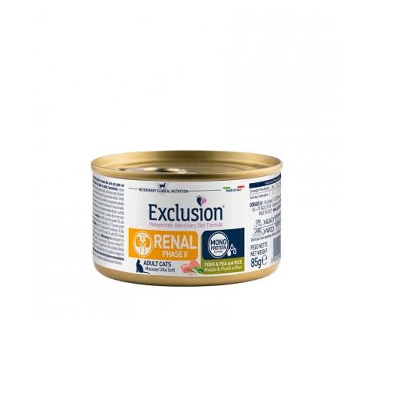 LATA EXCLUSION VET GATO RENAL 2 CERDO, ARVEJA Y ARROZ 85 GR