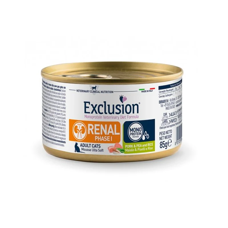 LATA EXCLUSIÓN VET GATO RENAL 1 CERDO, ARVEJA Y ARROZ 85 GR