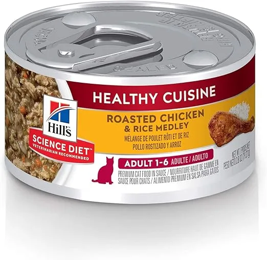 Alimento para Gato Adulto, Hill's Science Diet, Receta Pollo y Arroz Healthy Cuisine, Húmedo (lata de 80 gramos)