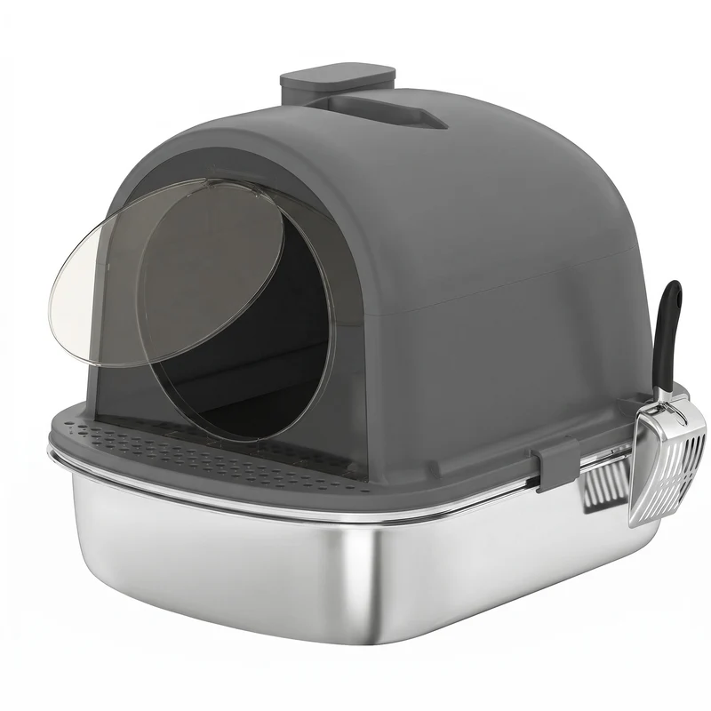 Pawhut Arenero Para Gatos Cubierto De Acero Inoxidable Con Pala Gris Oscuro