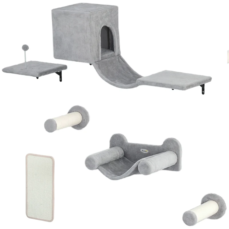 Pawhut Juego De Pared De Escalada Para Gatos 6 Piezas Con Condominio Plataforma