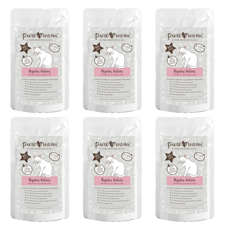 Pack Bigotes Felices (Vacuno) BIO Puromenu 6x100 g Comida húmeda Barf gatos