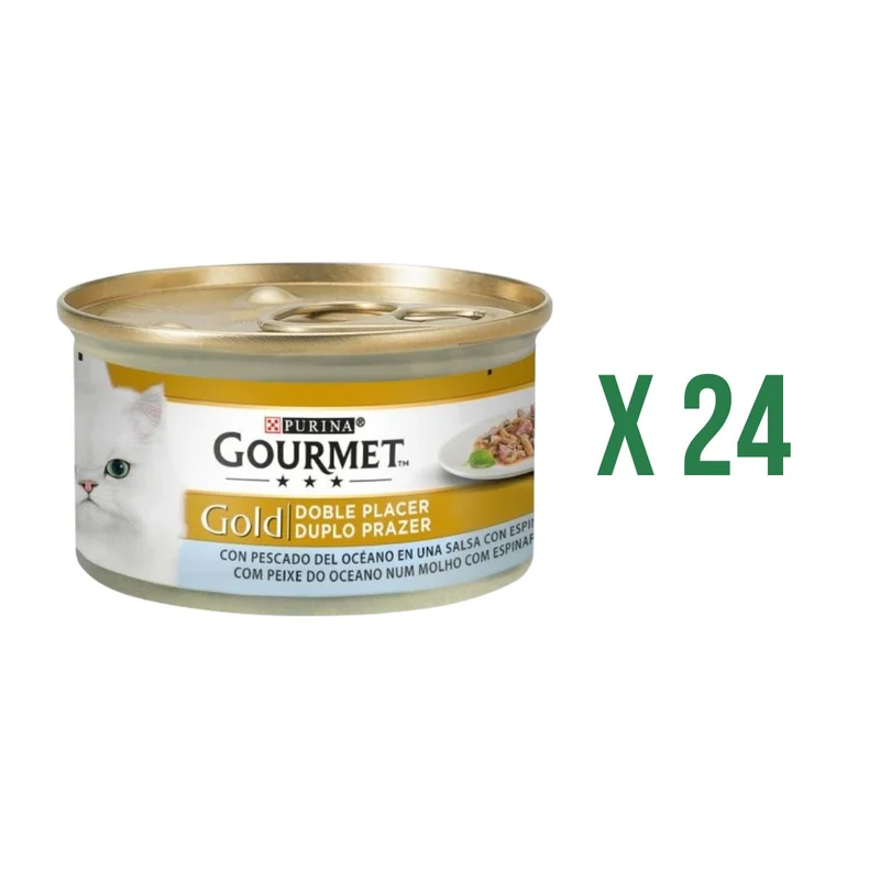 Pack 24 x GOURMET GOLD Doble Placer Pescado del Oceano & Espinacas Comida húmeda 85 g