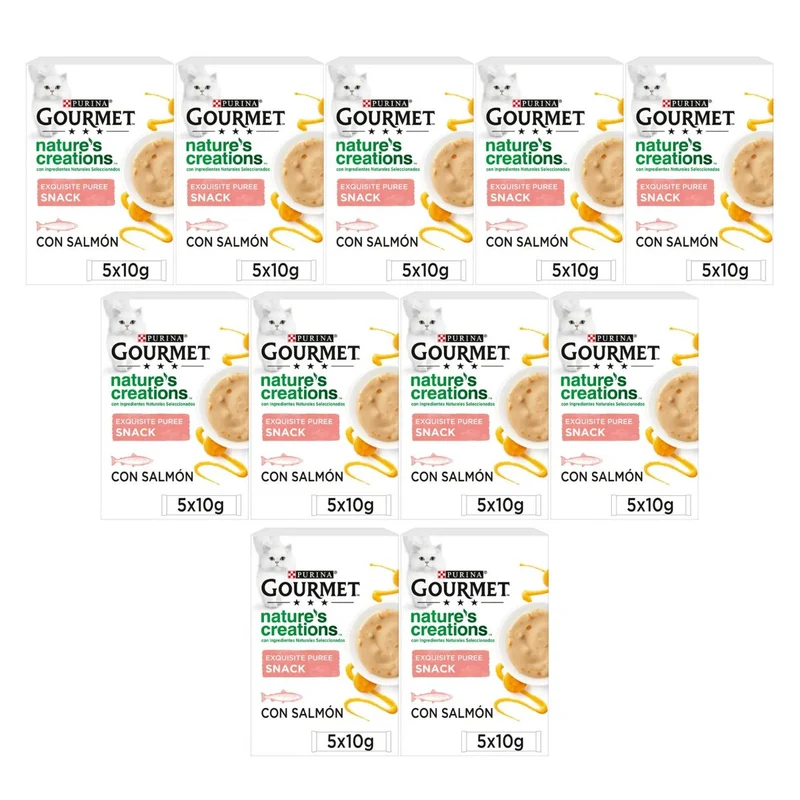 Pack 11 x GOURMET Nature's Creations Exquisito Puré Snack Liquido con Salmón y Zanahoria 5x10g