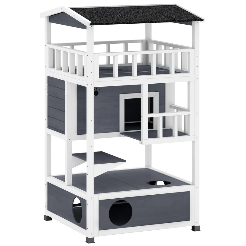 Pawhut Casa Para Gatos De Madera 75,5x75x137 Cm Con Techo Asfáltico Gris