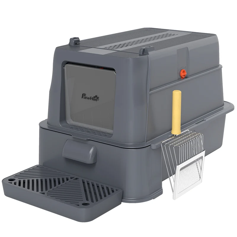 Pawhut Arenero Para Gatos De Acero Inoxidable Xl Con Tapa Abatible 180° Gris