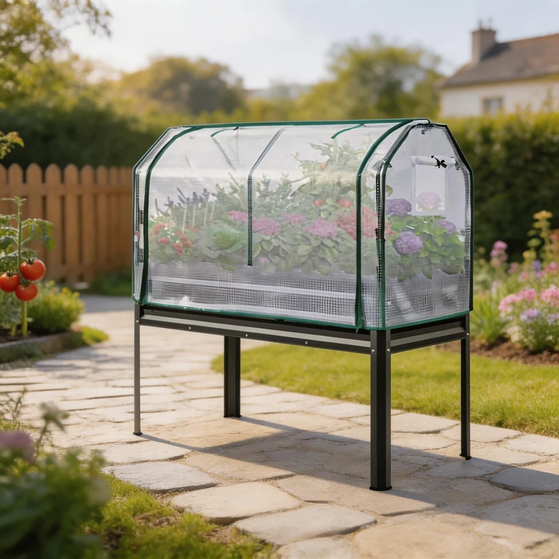 Garvee Huerto Elevado Galvanizado con Invernadero Impermeable Puerta Enrollable y Estructura Metalica, 120x60x140 cm Negro