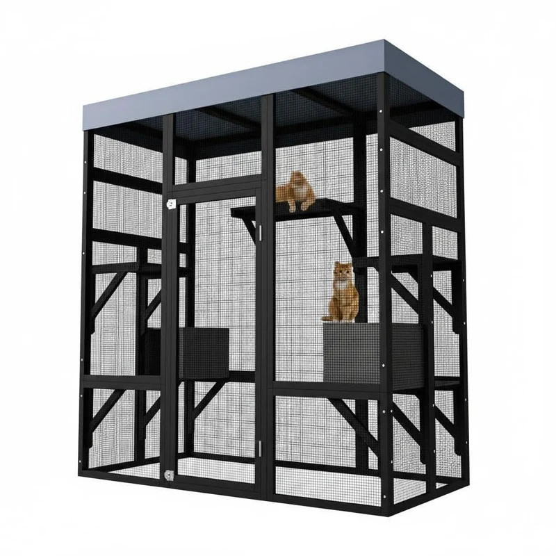 Garvee Catio Exterior Enorme de Madera Resistente a la Intemperie con Cinco Plataformas Seguro para Gatos, Negro