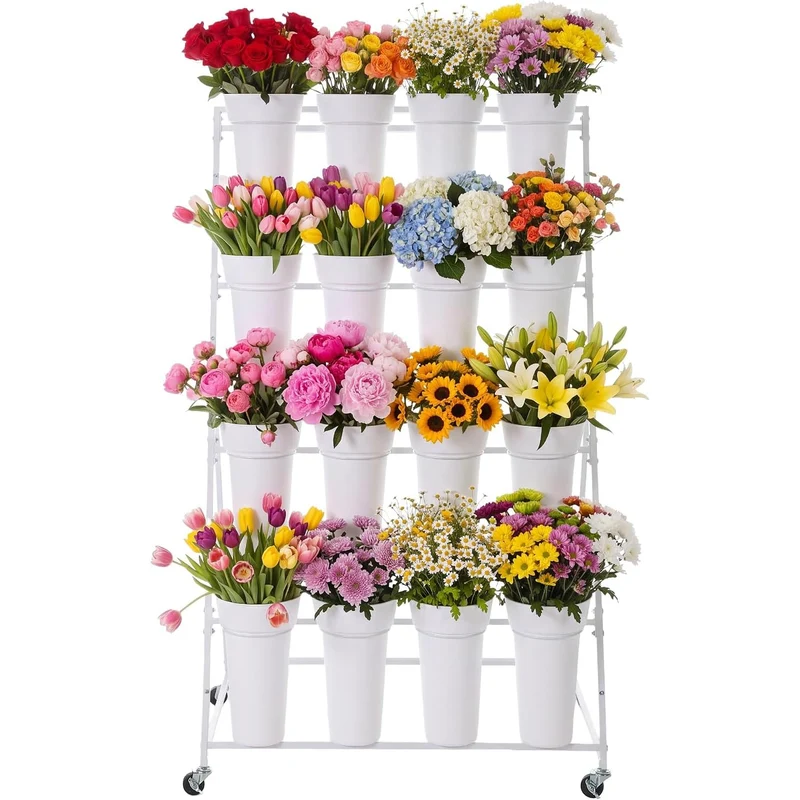 Garvee Carro Organizador de Flores Metalico con Ruedas y Dieciseis Cubetas para Macetas Muy Resistente, Blanco