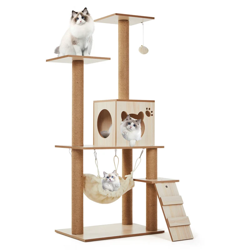 Garvee Árbol Rascador Multiusos para Gatos con Hamaca Plataformas Casita y Juguetes Madera Natural