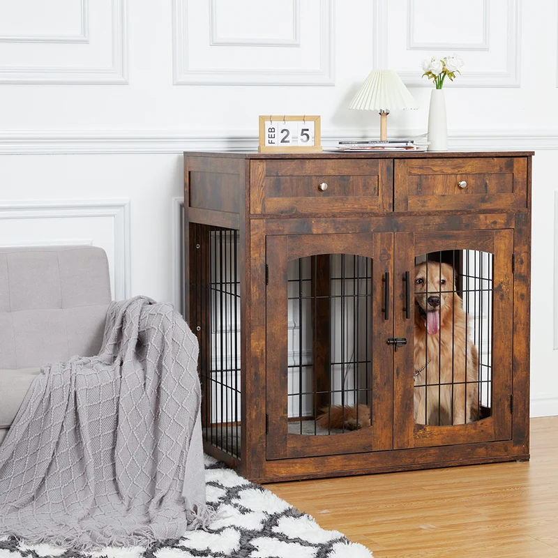 Garvee Jaula de Madera MDF para Perros Grandes Mueble de Interior Estilo Rústico Mesa Auxiliar con Puerta