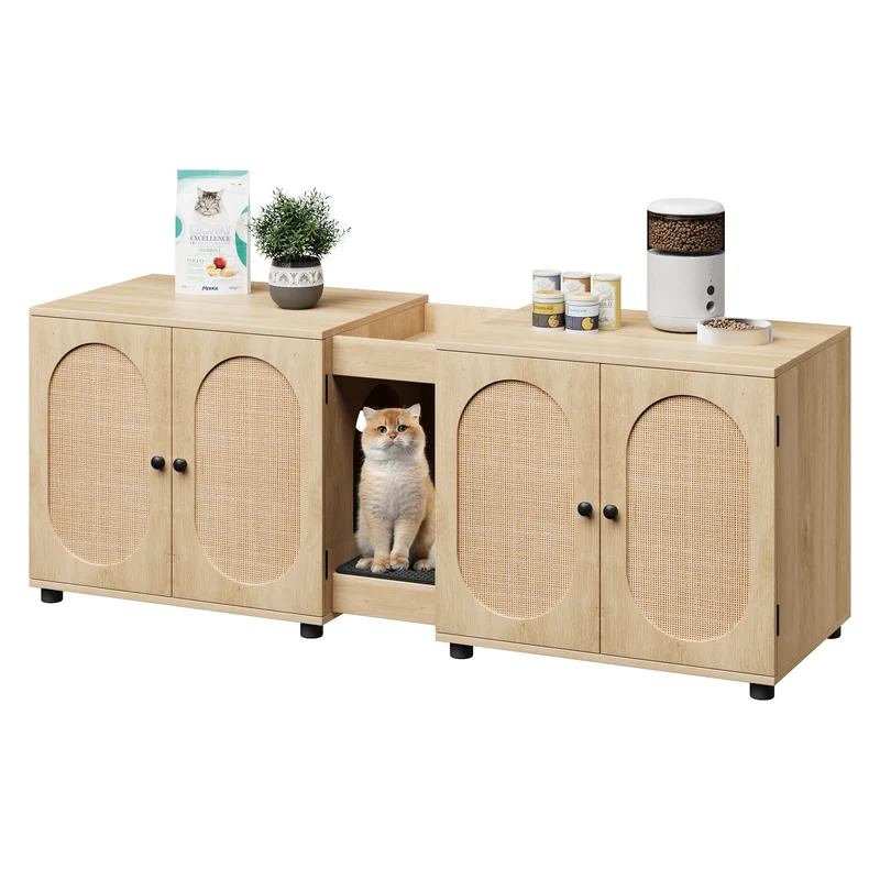 Garvee Mesa Auxiliar Oculta y Espaciosa para Caja de Arena Doble de Gatos Puertas de Ratán Madera Resistente Almacenamiento Integrado Color Natural