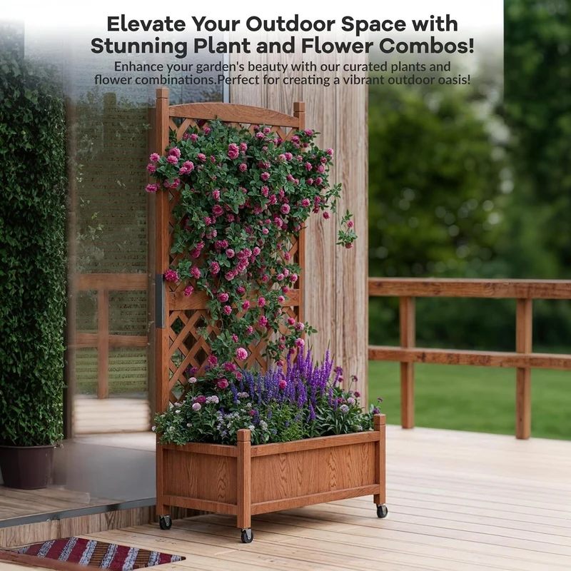Garvee Jardinera Elevada de Madera con Enrejado y Ruedas Bloqueables Macetero Vertical con Drenaje 155cm