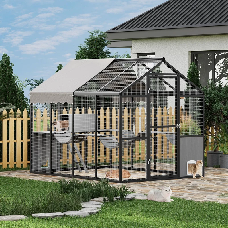 Garvee Jaula de Gran Tamaño para Gatos con Techo UV para Bienestar Animal en Jardines Amplios 178x122x193cm Gris