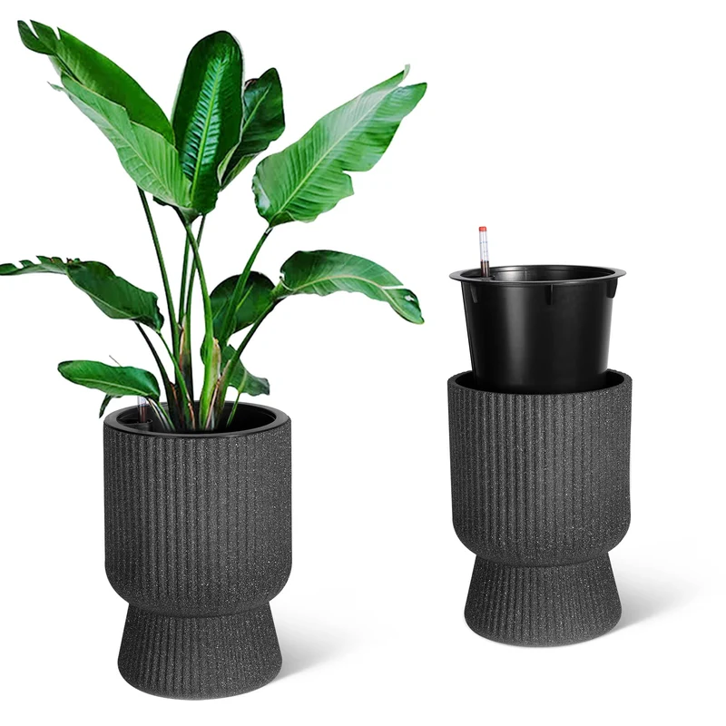 Garvee Set de 2 Macetas de Autorriego con Monitor de Nivel para Amantes de Plantas en Balcón 36cm Negro Mármol
