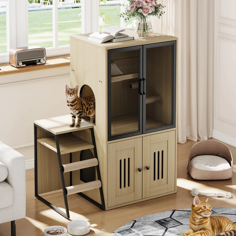 Garvee Cubierta Oculta de Bandeja Sanitaria con Escalera de Acceso para Control de Olores en Interior 57x45x28cm Madera