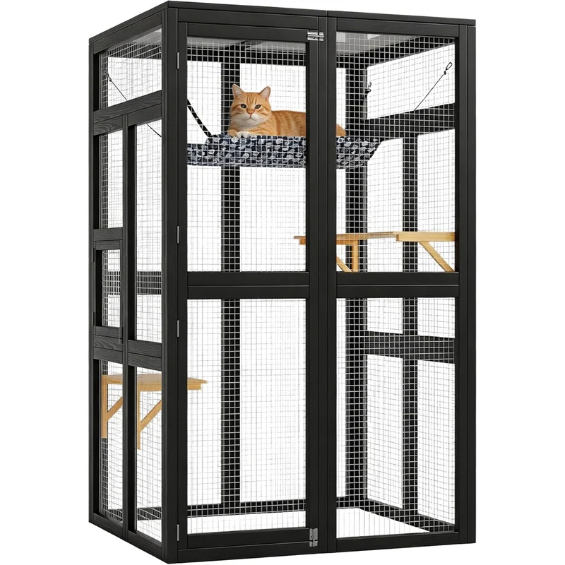 Garvee Jaula Exterior para Gatos, Catio de Madera con Conexión a Ventana, Recinto Seguro para Jardín y Terraza
