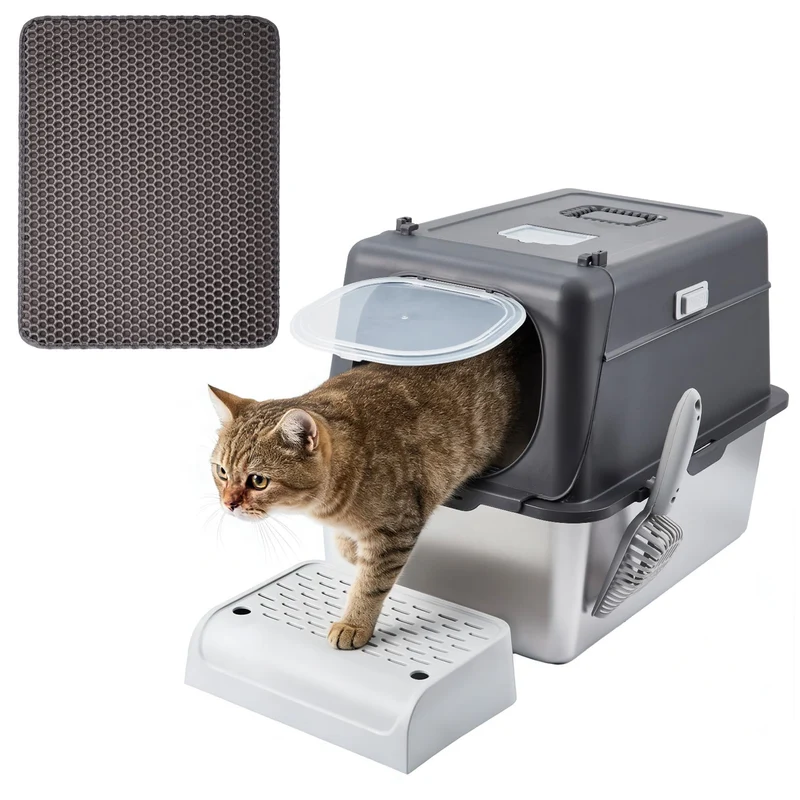 Garvee Caja de Arena para Gatos de Acero Inoxidable Cerrada, 20cm Profundidad, Gris Oscuro, Espaciosa para Hogar