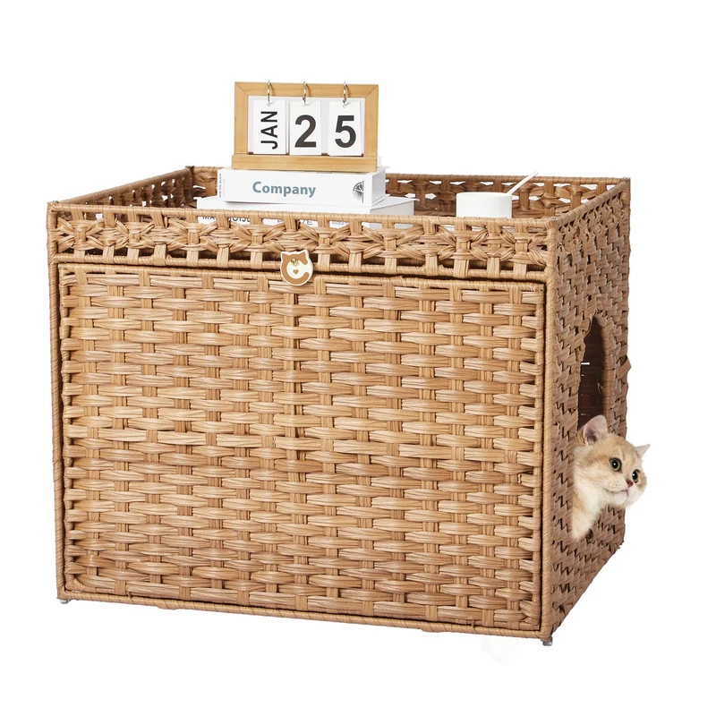Garvee Mueble Oculto para Caja de Arena de Gato con Valla de Ratán Tejido a Mano para Salón y Apartamento, Gran Espacio Interior, Dos Puertas, Marco Metálico Resistente, Alfombrilla Incorporada