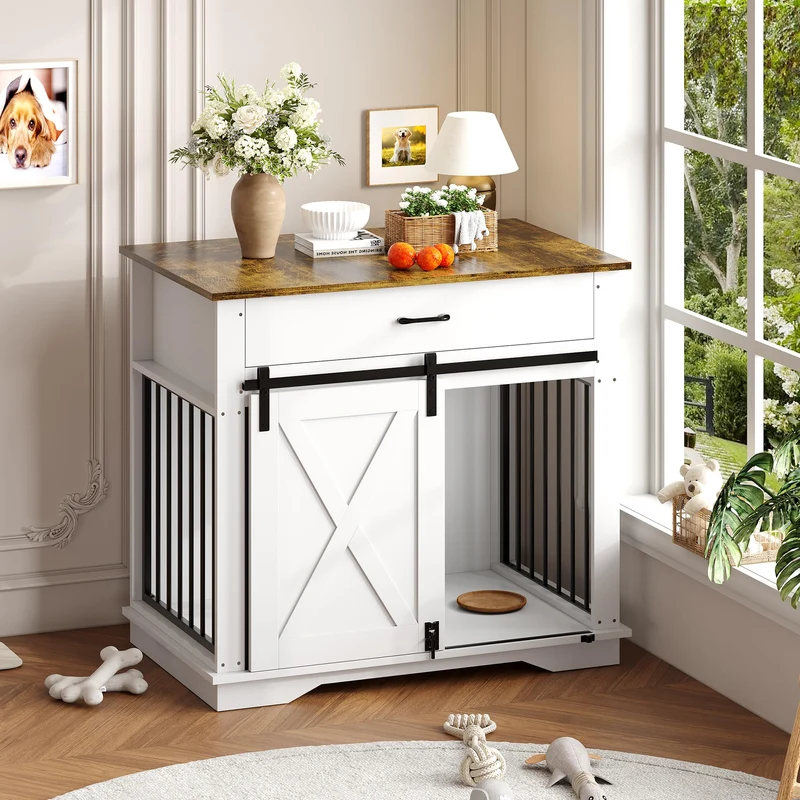 Garvee Mueble Jaula de Estilo Granja con Puerta Corredera y Almacenaje para Mascotas en Interiores Multiuso 97cm Marrón