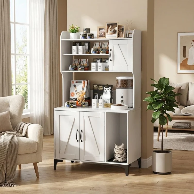 Garvee Mueble para Caja de Arena de Gato Oculta, Armario Grande de 3 Puertas con Estantes de Almacenamiento, Casa para Gatos con Ventilación y Alfombrilla Removible, Diseño Moderno para Sala o Dormitorio, Blanco