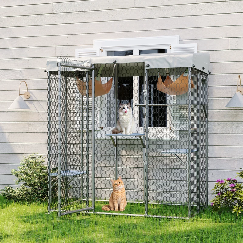 Garvee Gran Jaula Exterior Para Gatos Con Acceso Ventana, Plataforma Integrada, Madera Robusta, Resistente A La Intemperie, Jardn O Patio, 159x83x180 Cm