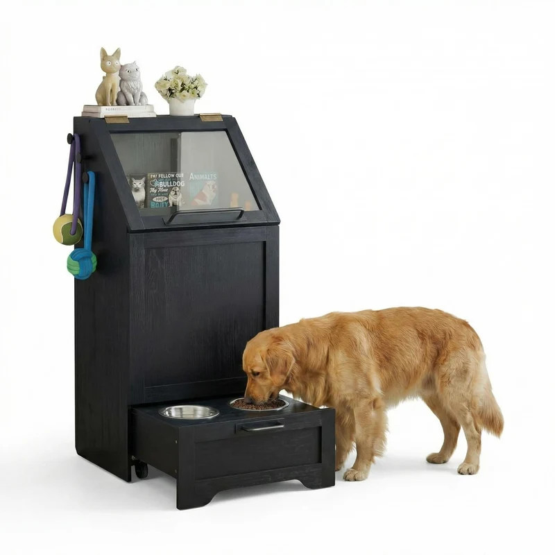 Garvee Mueble Alimentador para Perros con Contenedor de Comida, Armario de Almacenamiento de Madera con Comedero Inferior, Negro