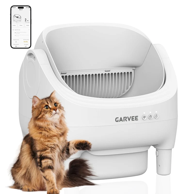 Garvee Caja de Arena Autolimpiable Mini-F para Gatos, Limpieza Automática Silenciosa, Seguridad Inteligente, Plástico ABS Robusto, Control de Olores, Capacidad 10,5L, Ideal para Gatos Medianos y Grandes