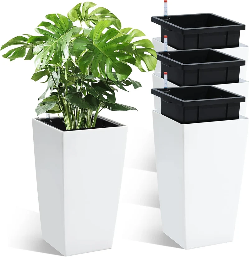 Garvee Macetas Altas con Sistema de Autorriego Indicador de Nivel y Cubeta Interior Resistentes Cuatro Unidades, 40 cm Blanco