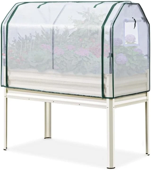 Garvee Huerto Elevado Galvanizado con Invernadero Impermeable Red Antiparajos y Estructura Metalica, 120x60x140 cm Blanco