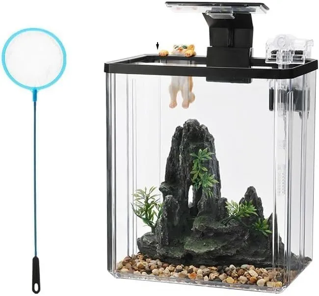 Garvee Acuario Completo de Escritorio en Plastico Resistente con Luz LED Filtro y Accesorios Decorativos, 22x15x28 cm Negro