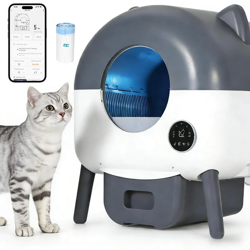 Garvee Arenero Autolimpiante Automatico para Gatos en Plastico ABS Seguro con Control por Aplicacion y Luz LED Nocturna, Blanco y Gris