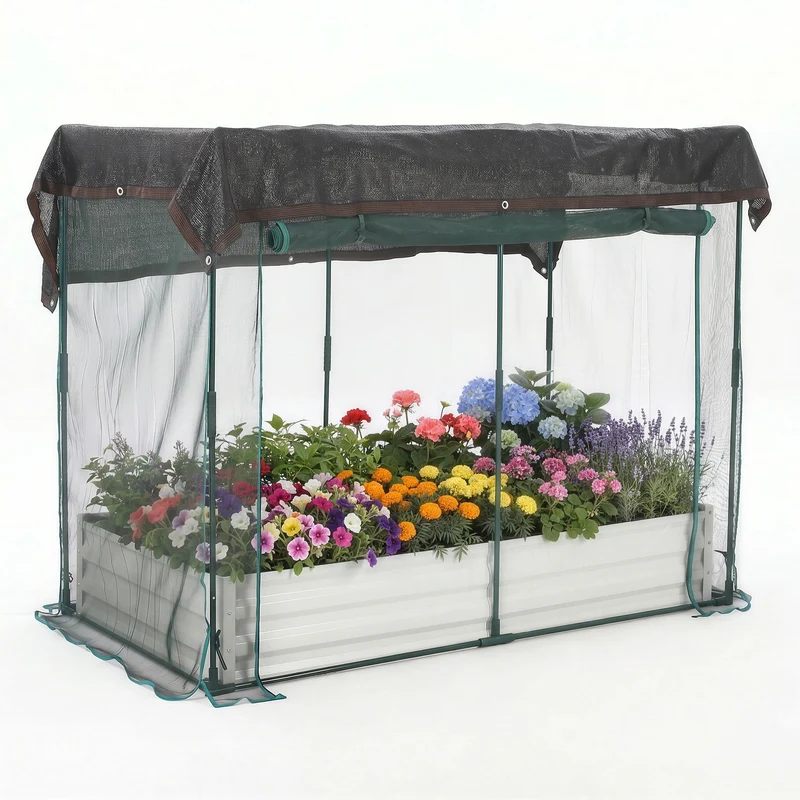Garvee Jardinera Elevada de Acero Galvanizado con Jaula Protectora Red Antiparajos y Tela de Sombra, 182x91x30 cm Beige