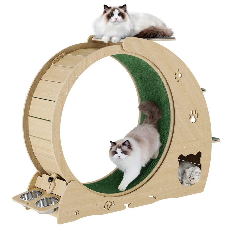 Garvee Rueda de Ejercicio para Gatos Silenciosa de Interior con Torre de Salto de Tres Niveles y Rascador, 140 cm Madera Natural