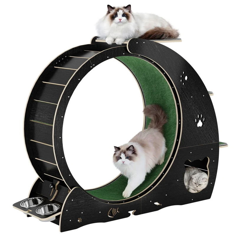 Garvee Rueda de Ejercicio para Gatos Silenciosa de Interior con Torre de Salto de Tres Niveles y Rascador, 140 cm Negro