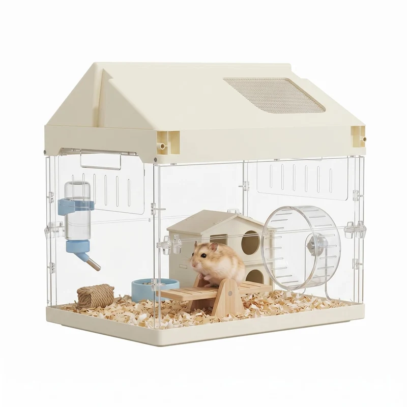 Garvee Jaula Acrilica Transparente para Hamster con Plataforma Rueda y Bebedero Seis en Uno, 45x31x44 cm