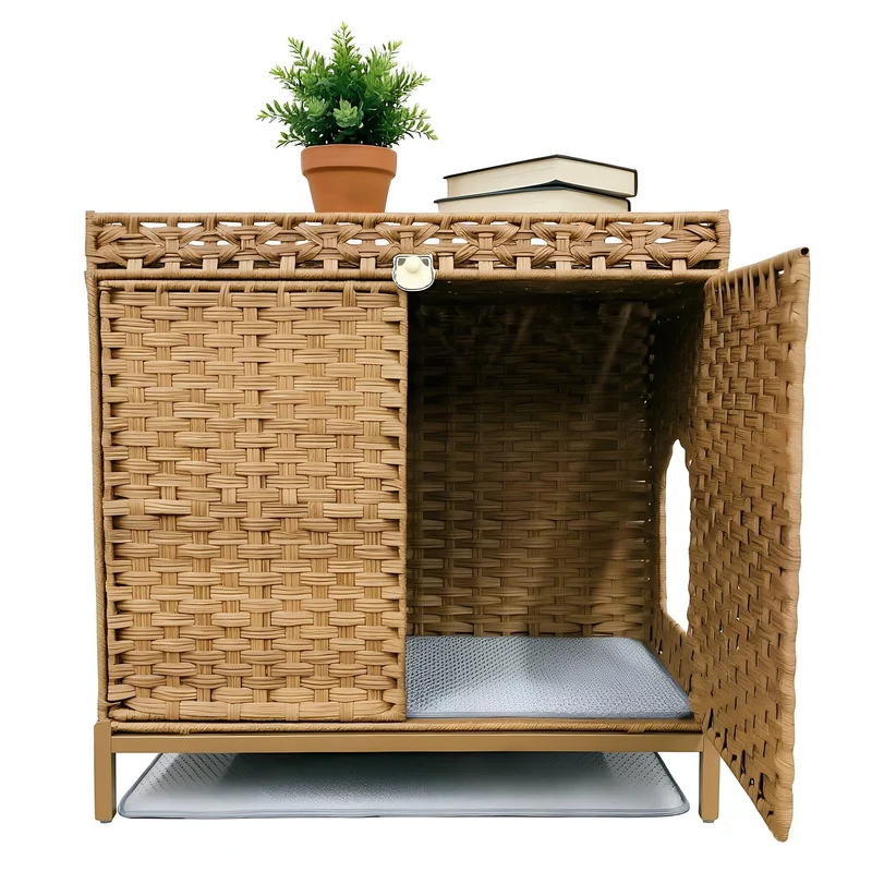 Garvee Mueble Oculto Cubre Arenero para Gatos de Ratan PE con Marco de Hierro Ventilado, Color Natural