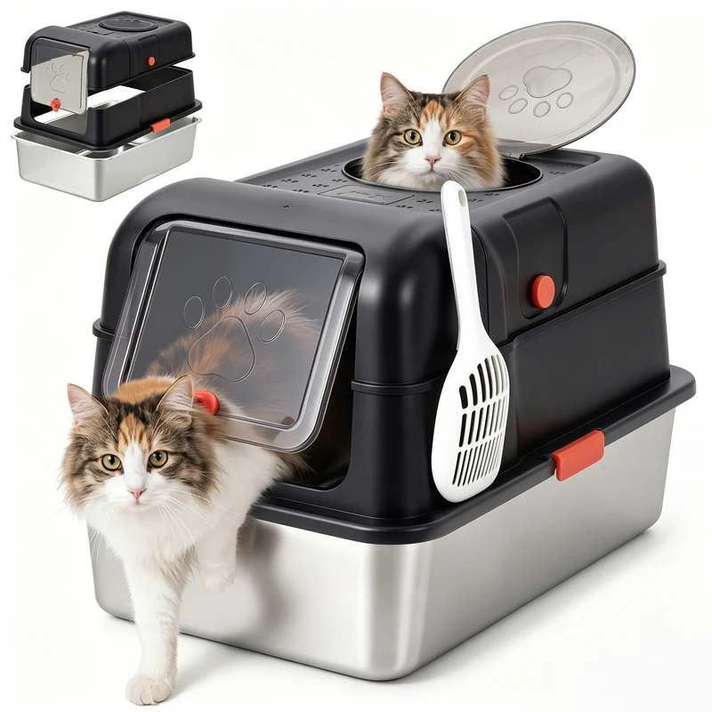Garvee Caja de Arena Totalmente Cerrada de Acero Inoxidable para Gatos con Doble Puerta Negro