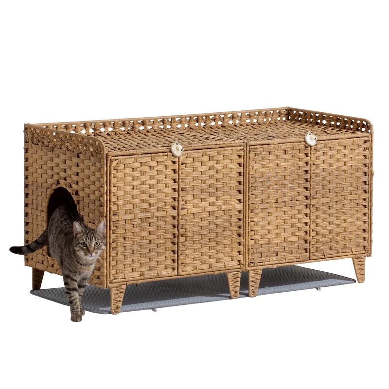 Garvee Mueble Oculto Doble de PE y Hierro para Caja de Arena de Gato con Ganchos y Alfombrilla 120x50x61 cm Color Natural