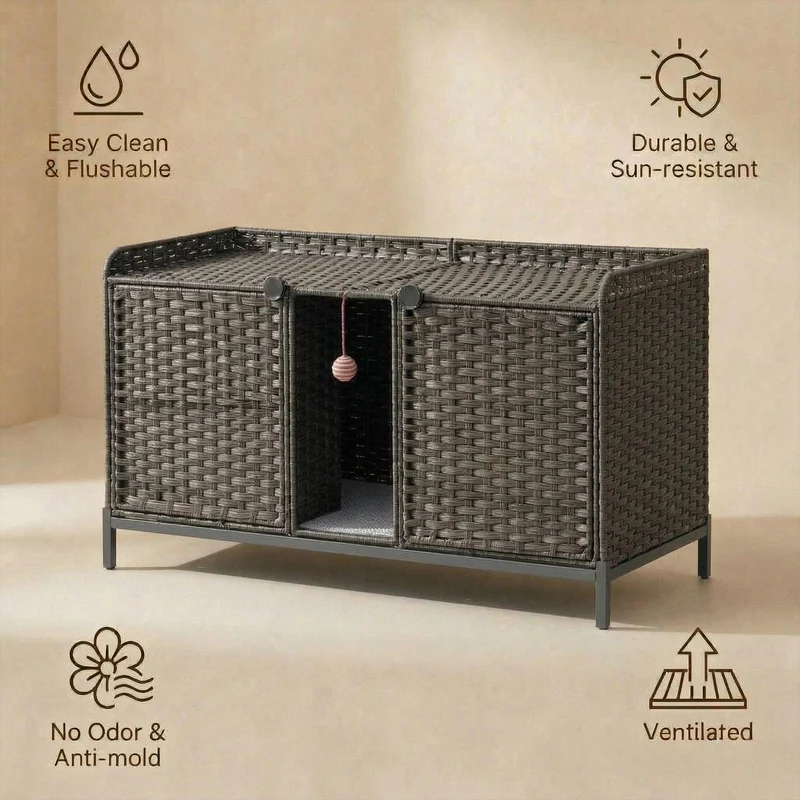 Garvee Mueble Oculto Doble de PE y Hierro para Caja de Arena de Gato con Ganchos 120x50x61cm Gris